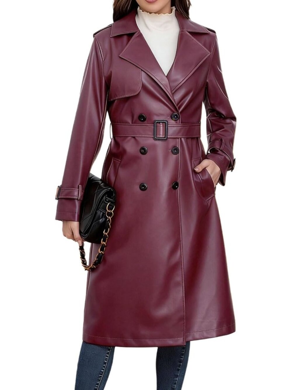 Women's Red Long Sleeve Faxu Leather Trench Coat Double Breasted Belted Jacket
